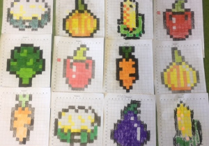 Na zdjęciu znajduja się narysowane za pomocą kolorowych kwadracików owoce i warzywa.