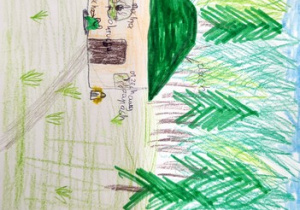 Rysunek domu w lesie. Elementy ilustracji podpisane – ropucha, bochenek, orzechowy zapach, dach, okruchy, mucha.