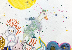 2.Praca plastyczna przedstawiająca zainteresowania uczennicy – kot, bałwan, zając, kwiaty, piłę, słońce oraz księżyc. Tło białe w kolorowe plamki.
